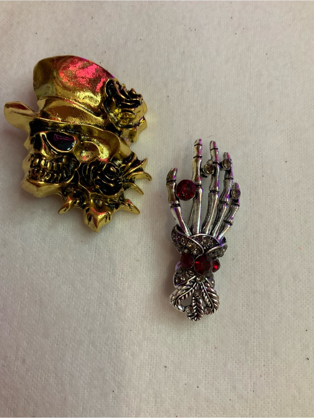 Cool 2 Pc. Skull  and Skeleton Hand  Brooch Set (Y-7)
